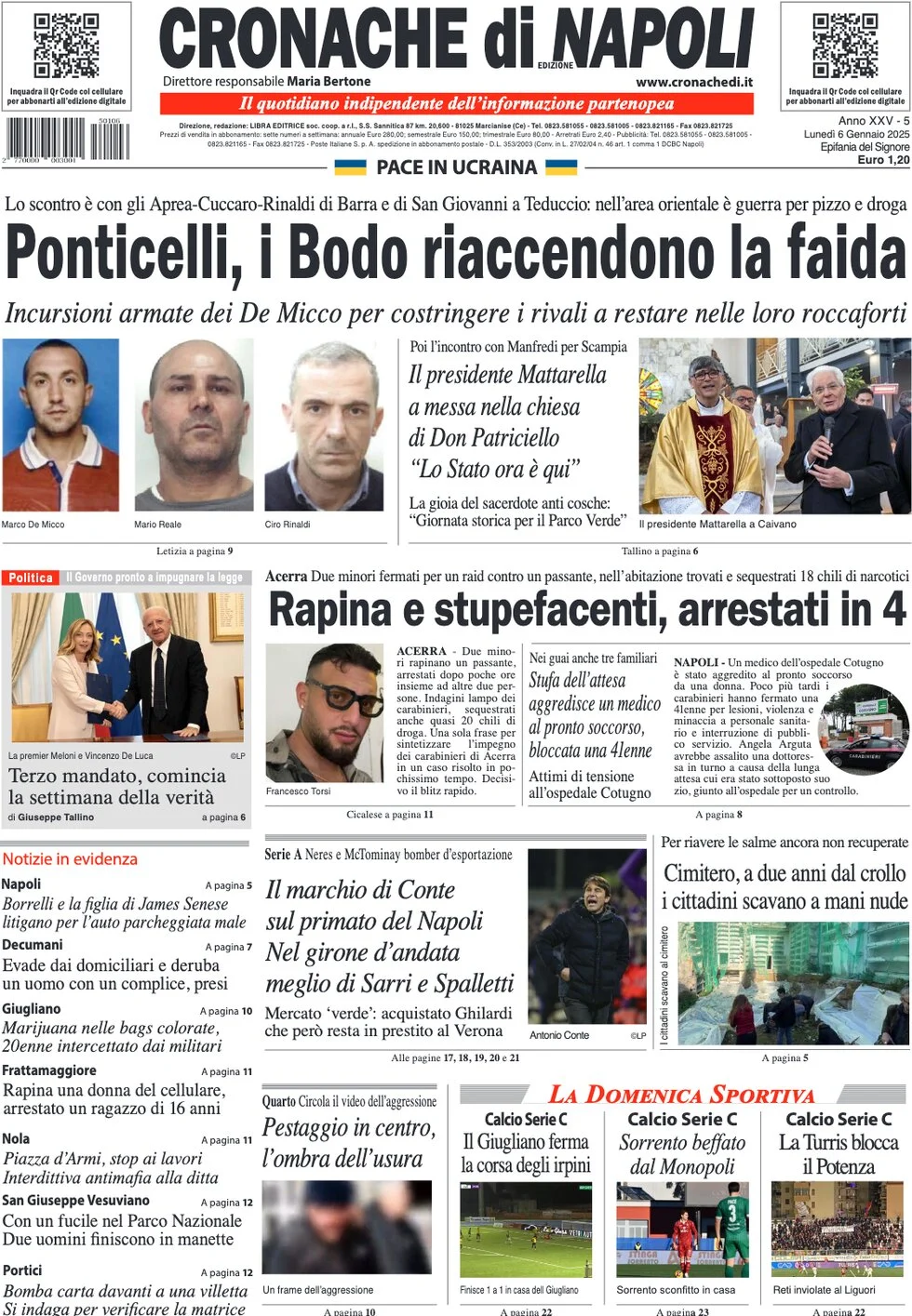 anteprima della prima pagina di cronache-di-napoli del 06/01/2025
