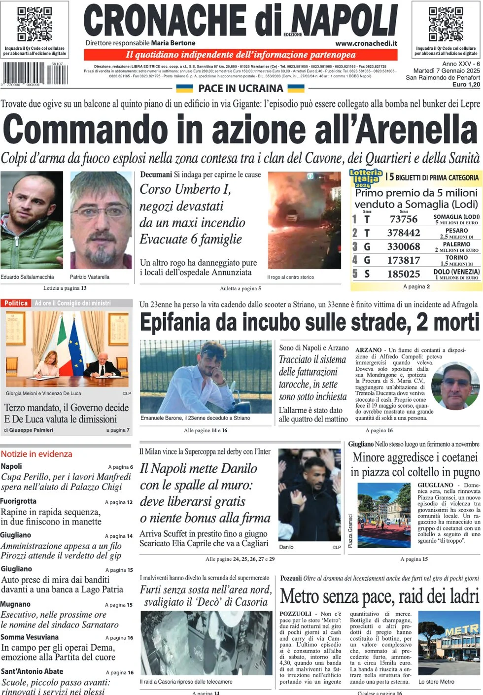 anteprima della prima pagina di cronache-di-napoli del 07/01/2025