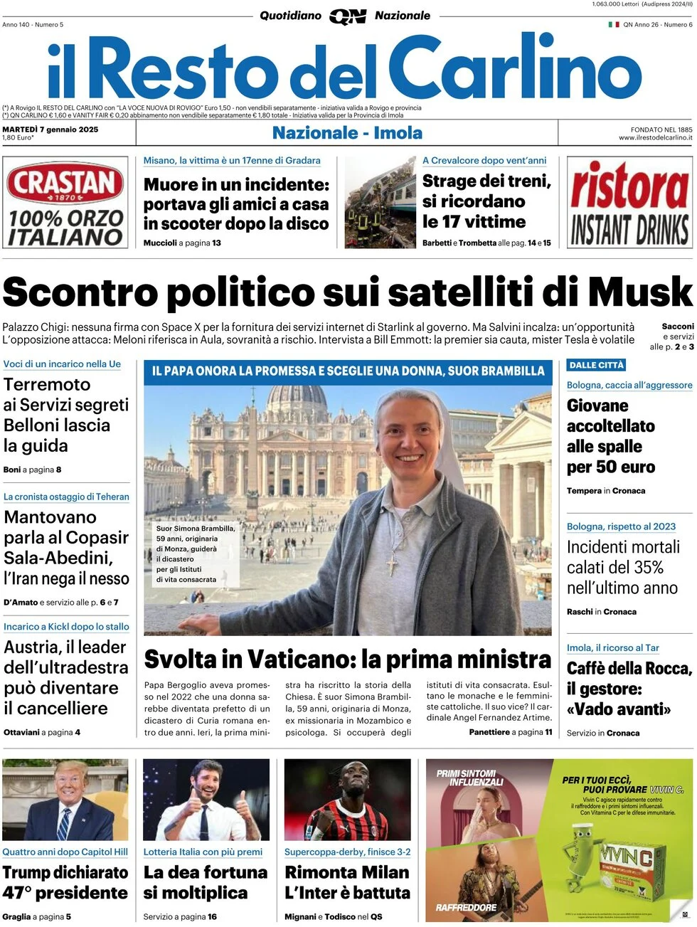 anteprima della prima pagina di il-resto-del-carlino del 07/01/2025
