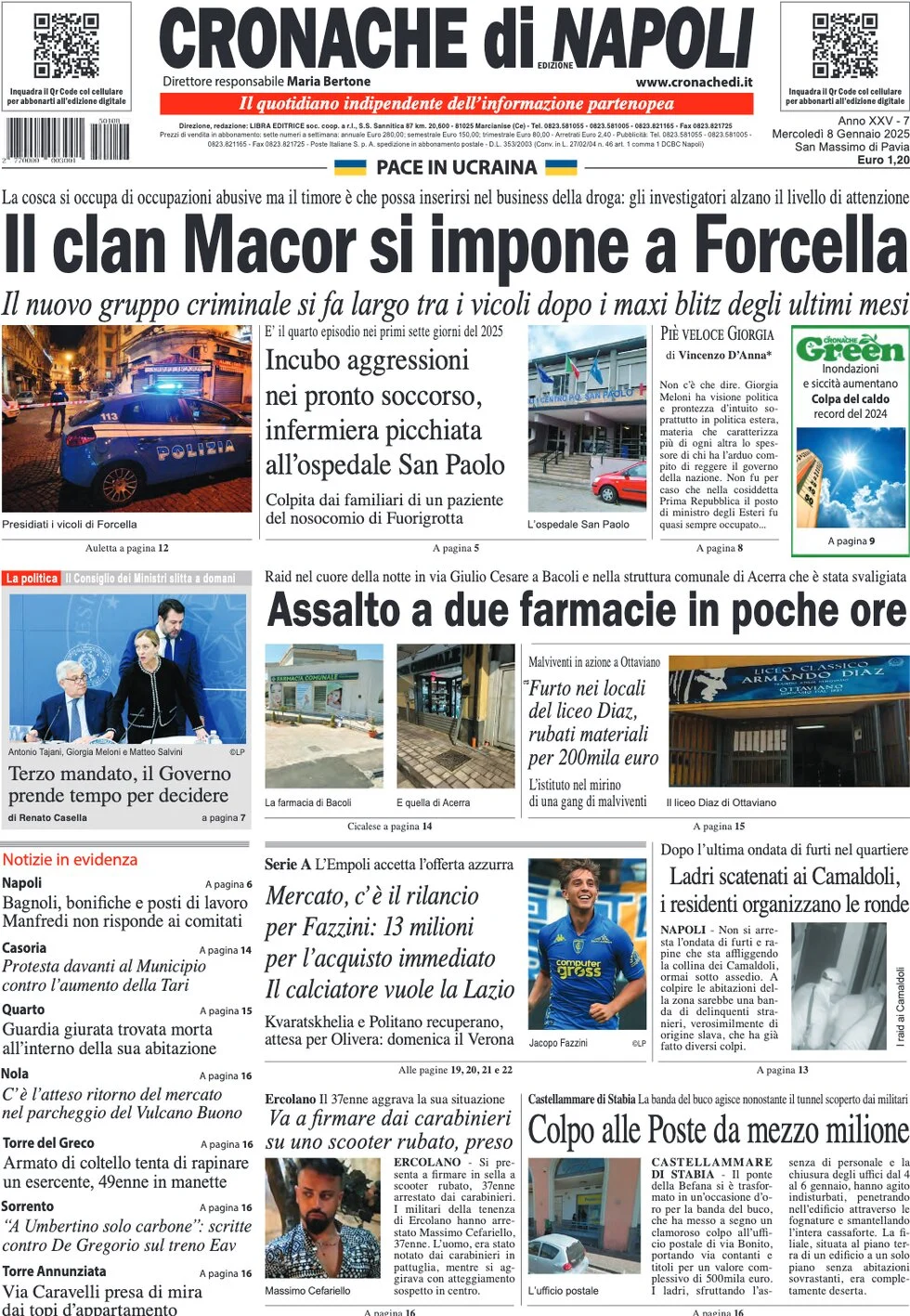 anteprima della prima pagina di cronache-di-napoli del 08/01/2025