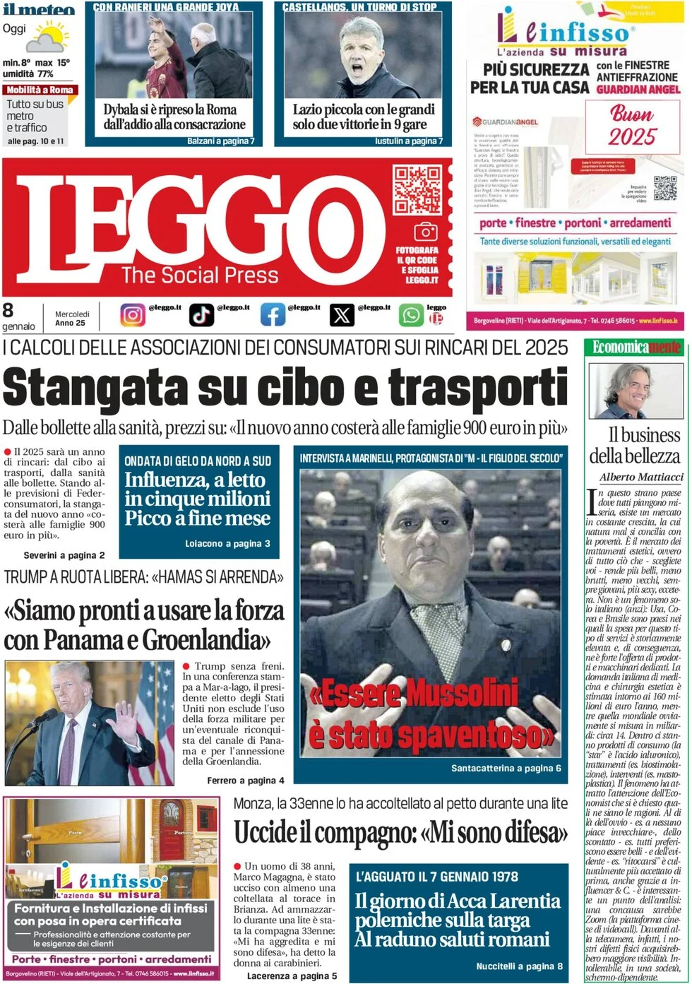 anteprima della prima pagina di leggo-roma del 08/01/2025