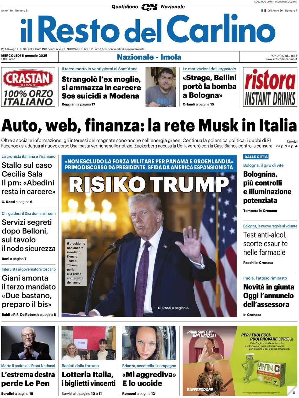anteprima della prima pagina di il-resto-del-carlino del 08/01/2025