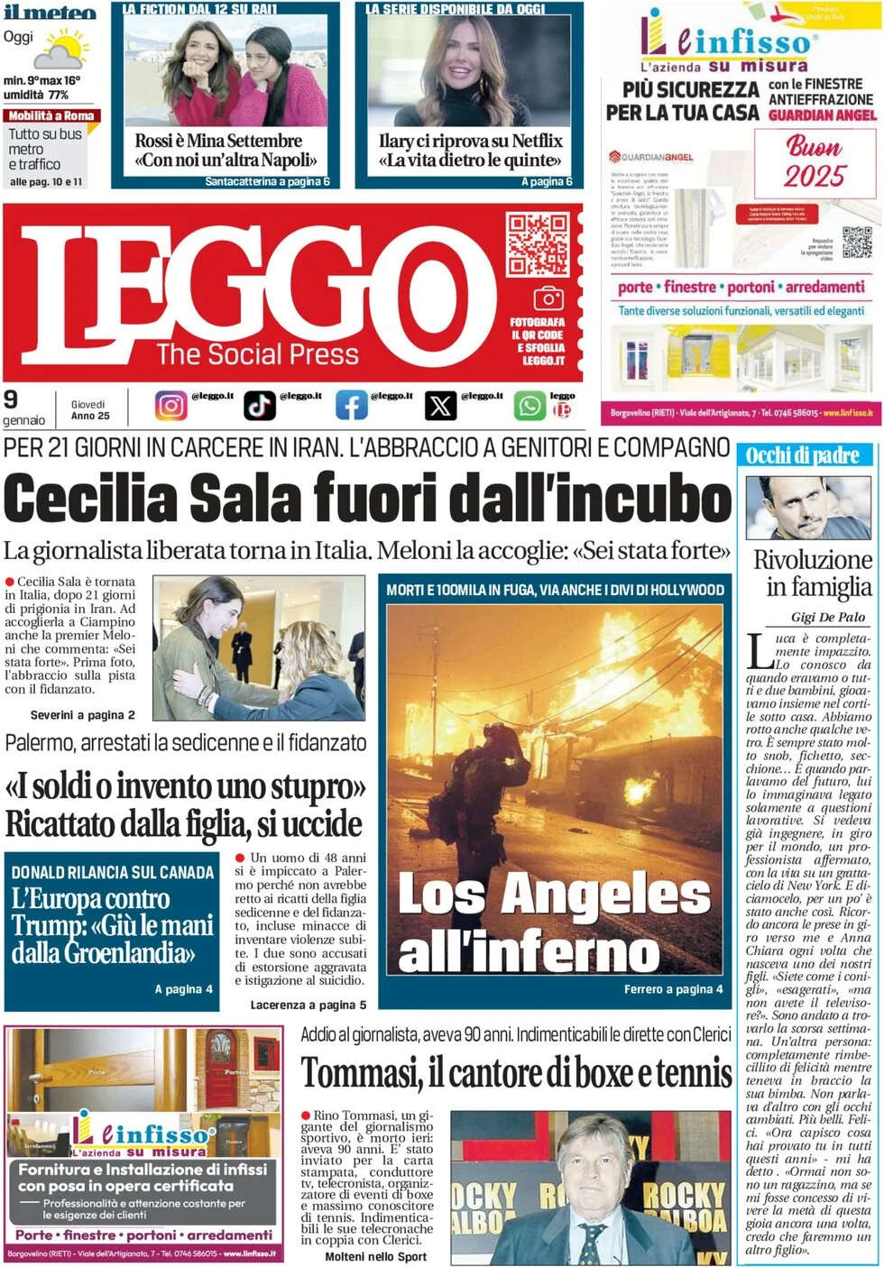 anteprima della prima pagina di leggo-roma del 09/01/2025