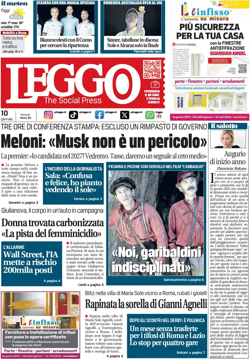 anteprima della prima pagina di leggo-roma del 10/01/2025