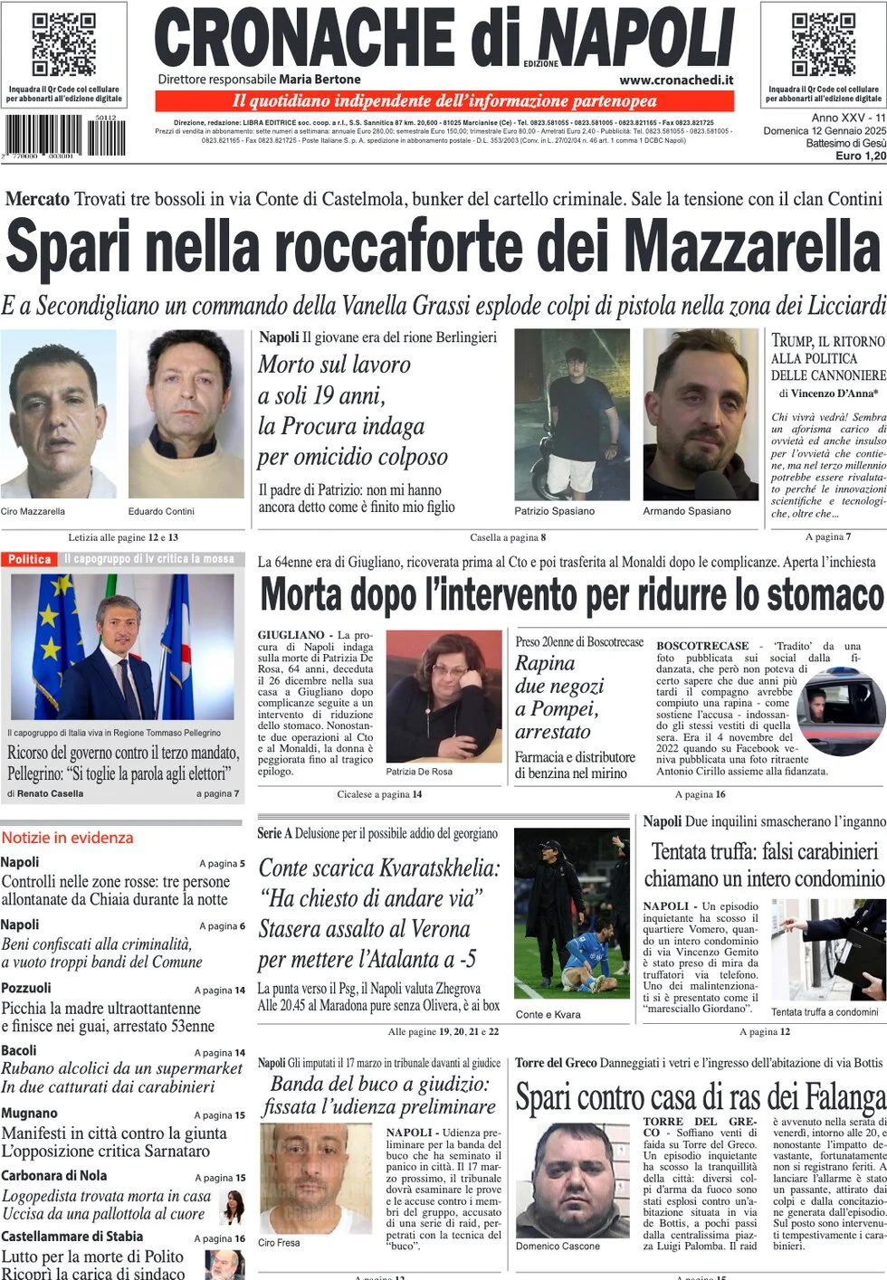 anteprima della prima pagina di cronache-di-napoli del 12/01/2025