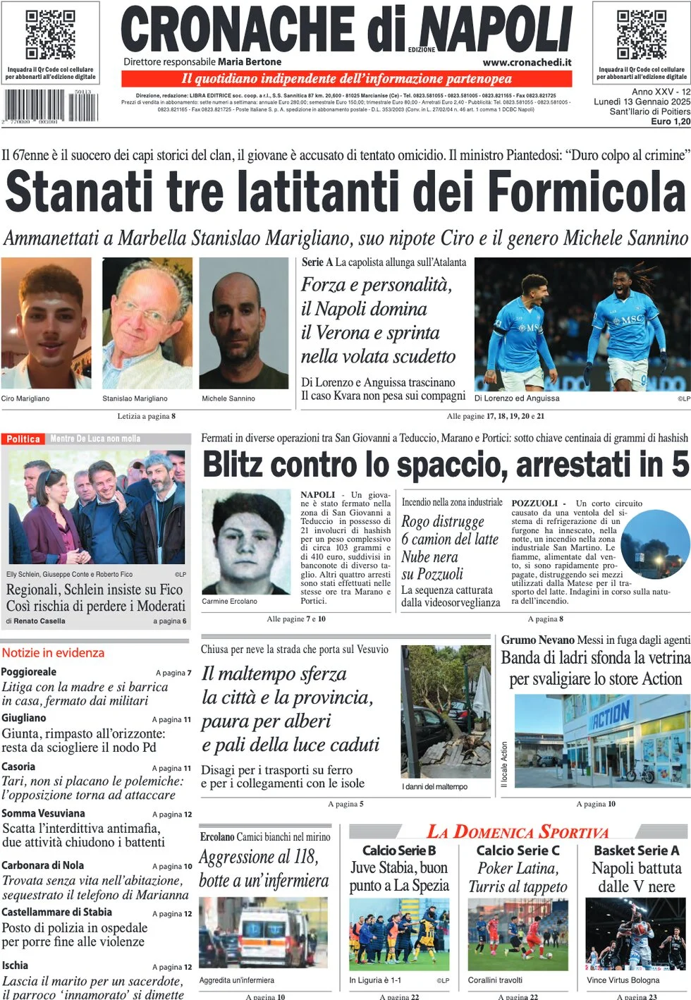 anteprima della prima pagina di cronache-di-napoli del 13/01/2025