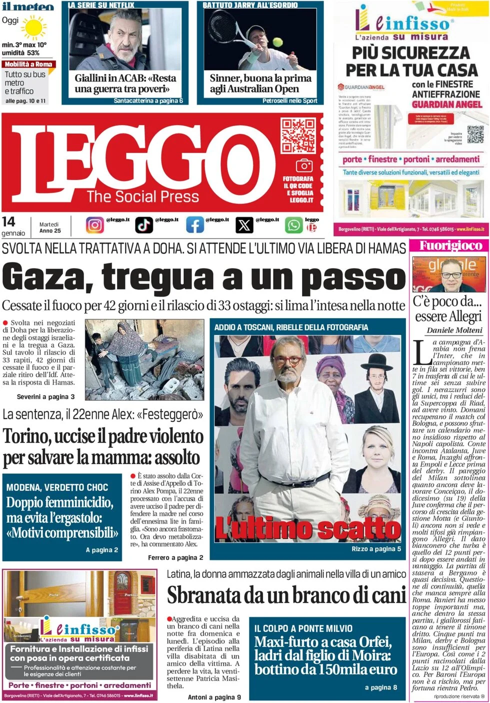 anteprima della prima pagina di leggo-roma del 14/01/2025