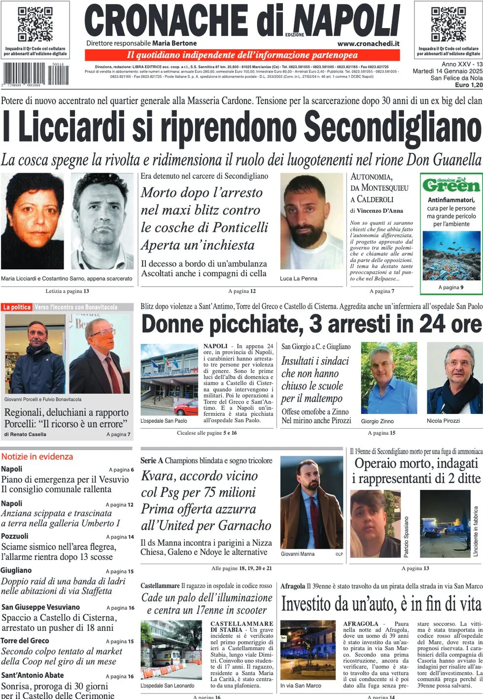anteprima della prima pagina di cronache-di-napoli del 14/01/2025