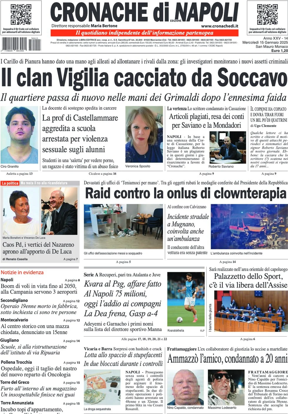 anteprima della prima pagina di cronache-di-napoli del 15/01/2025