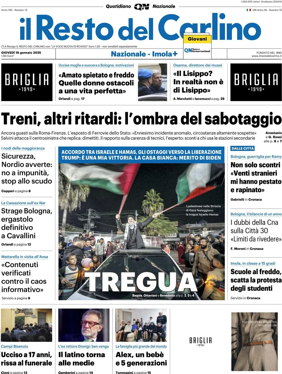 anteprima della prima pagina di il-resto-del-carlino del 16/01/2025