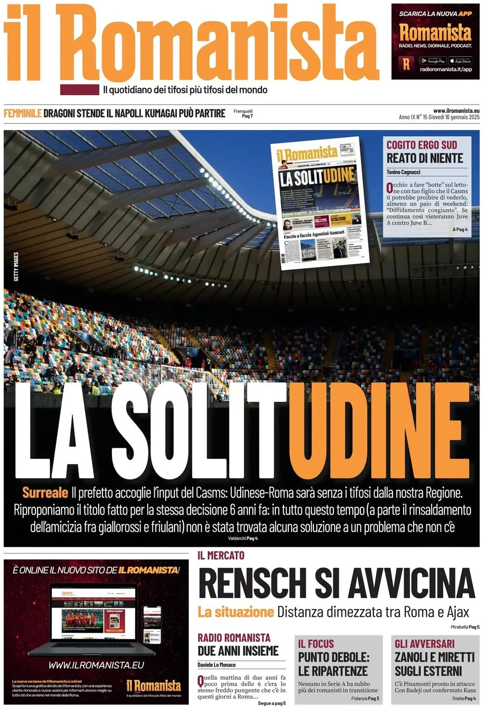 anteprima della prima pagina di il-romanista del 16/01/2025