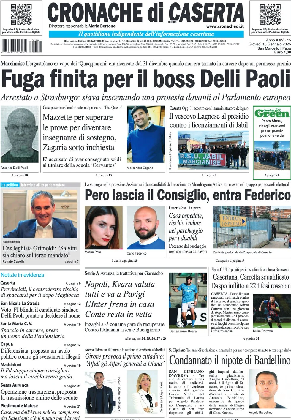 anteprima della prima pagina di cronache-di-caserta del 16/01/2025