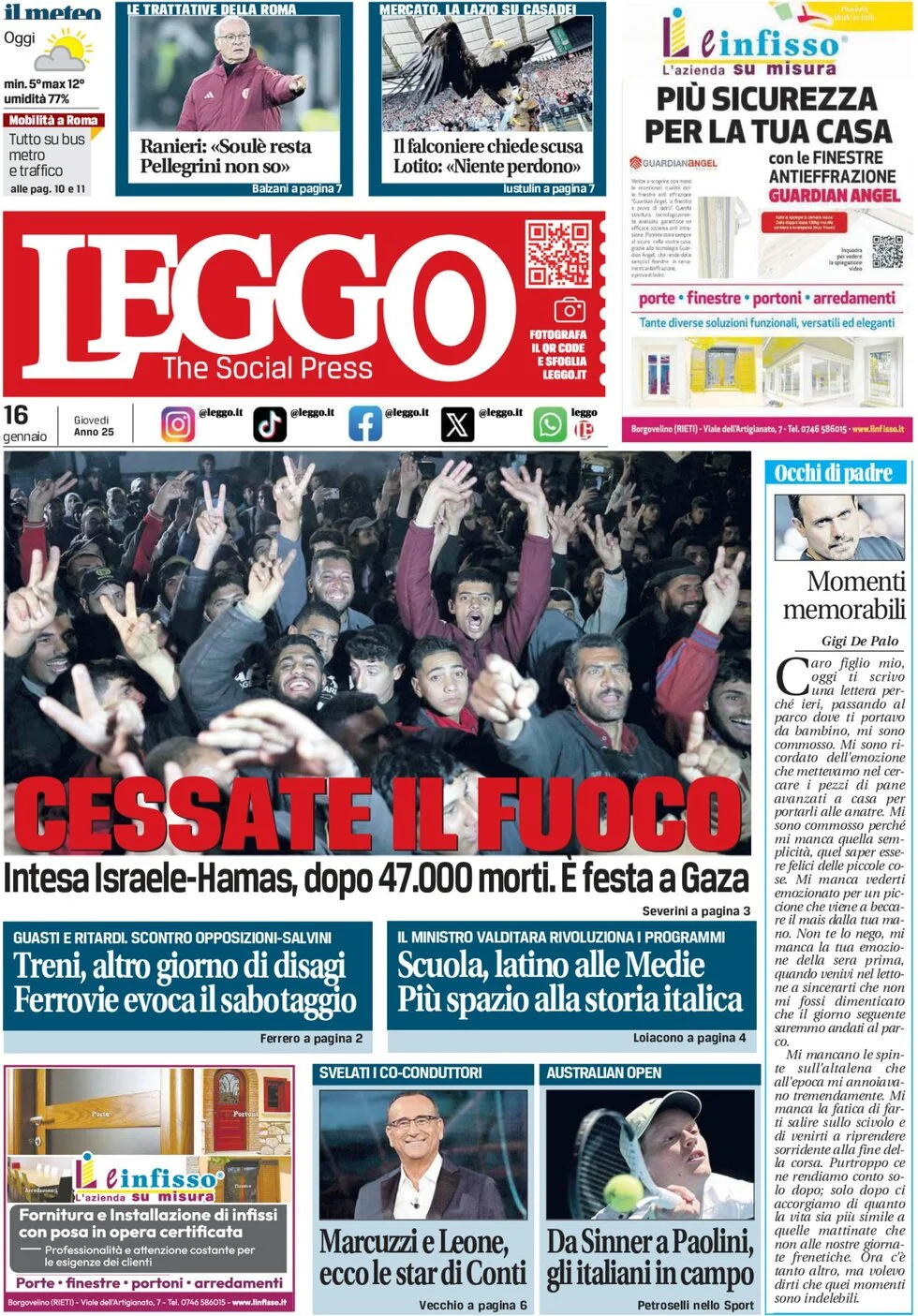 anteprima della prima pagina di leggo-roma del 16/01/2025
