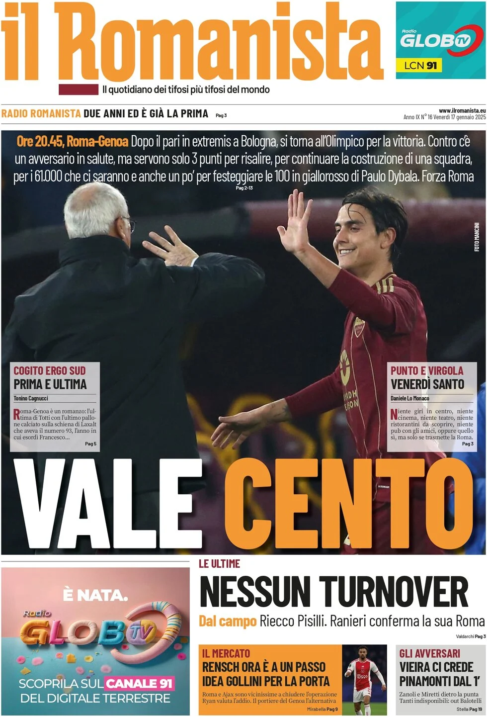 anteprima della prima pagina di il-romanista del 17/01/2025