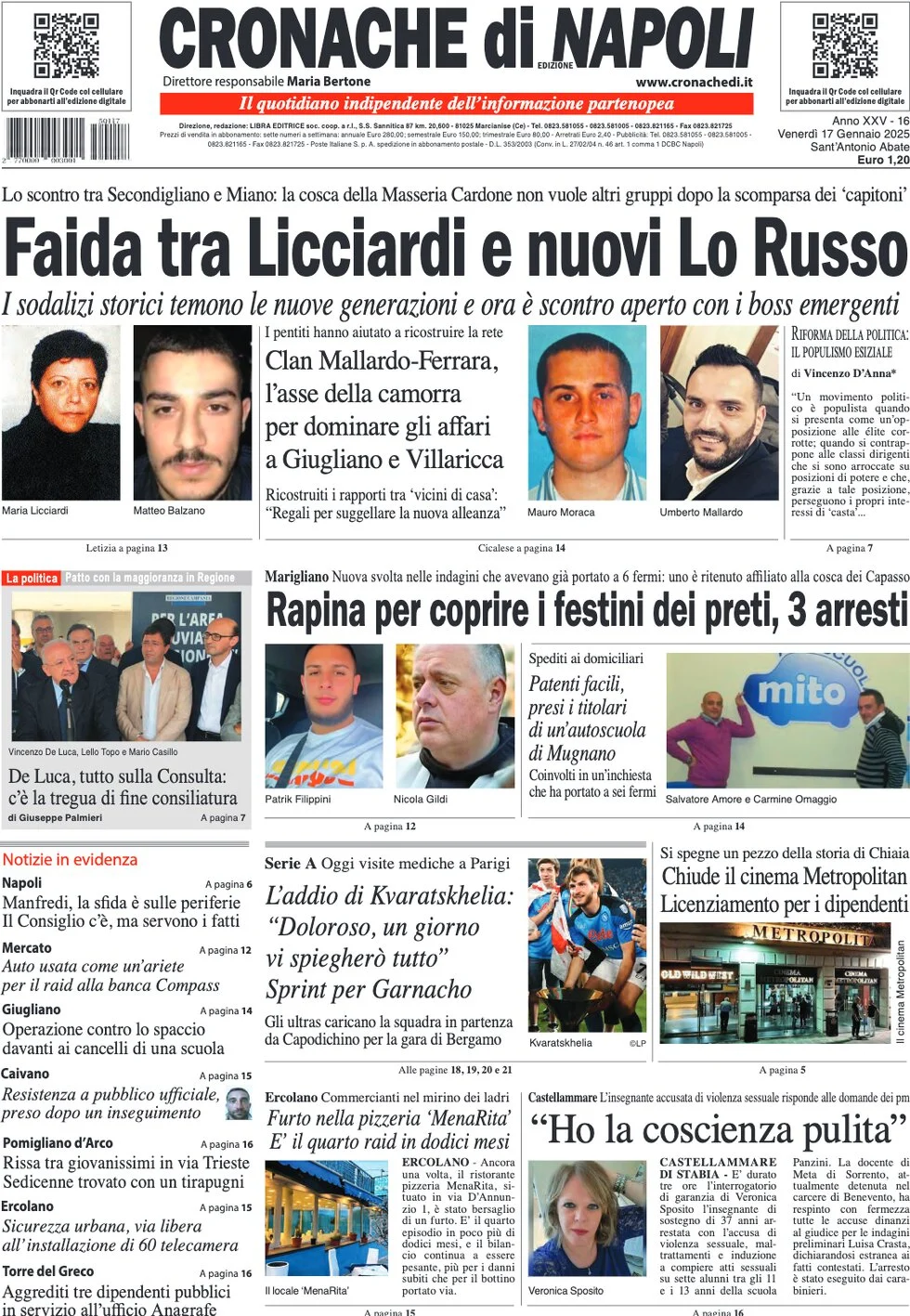 anteprima della prima pagina di cronache-di-napoli del 17/01/2025
