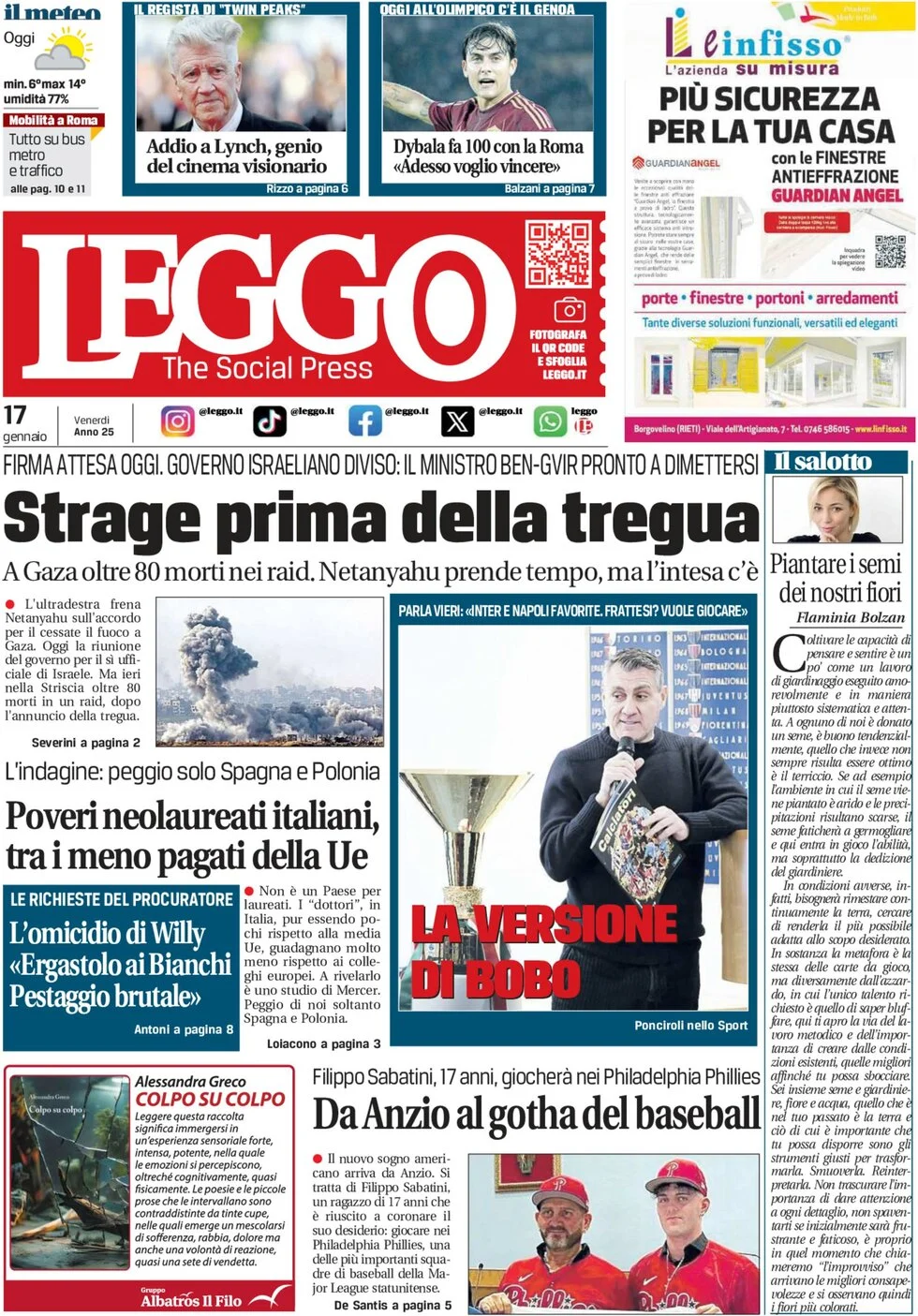 anteprima della prima pagina di leggo-roma del 17/01/2025