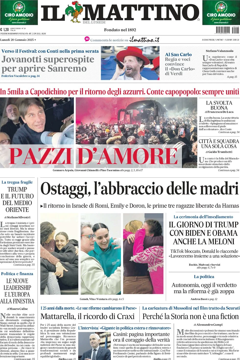 anteprima della prima pagina di il-mattino del 20/01/2025