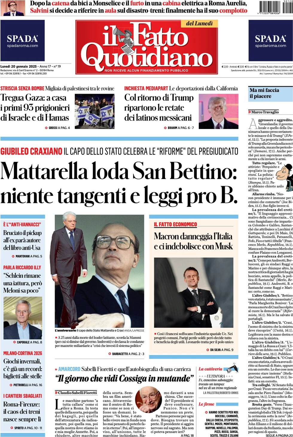 anteprima della prima pagina di il-fatto-quotidiano del 20/01/2025