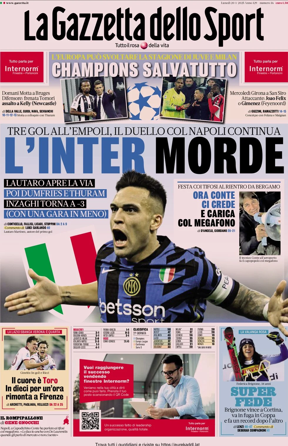 anteprima della prima pagina di la-gazzetta-dello-sport del 20/01/2025