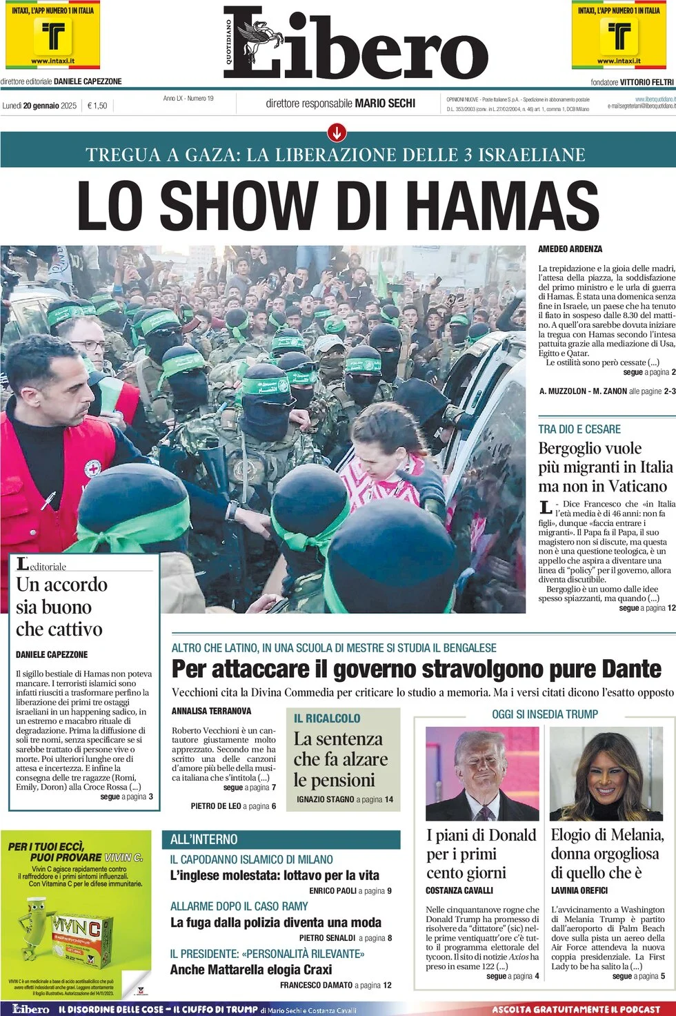 anteprima della prima pagina di libero-quotidiano del 20/01/2025