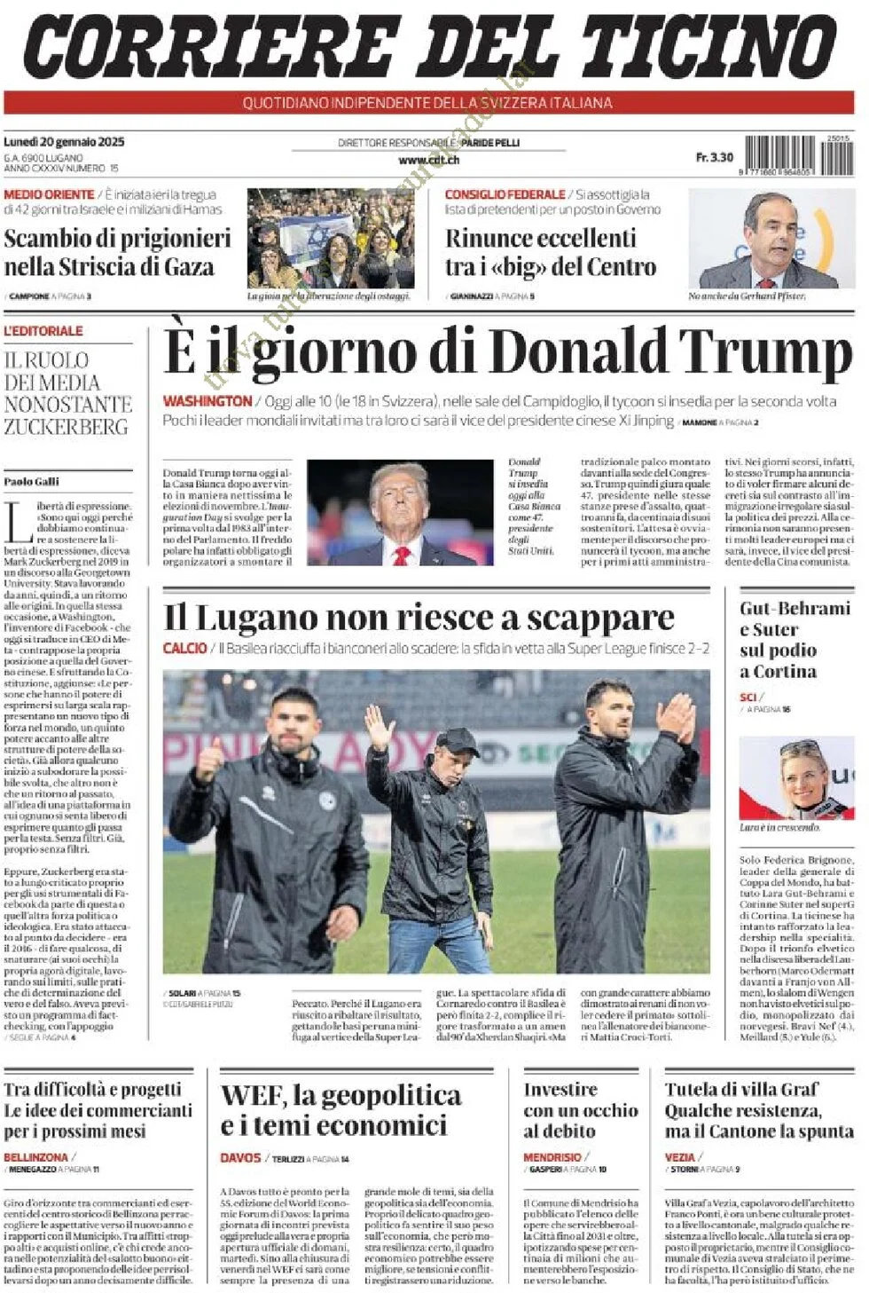 anteprima della prima pagina di corriere-del-ticino del 20/01/2025