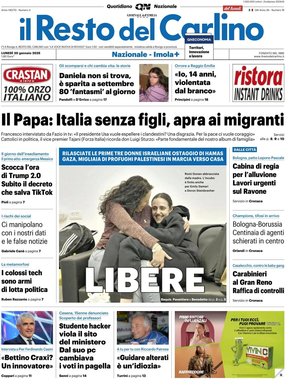 anteprima della prima pagina di il-resto-del-carlino del 20/01/2025
