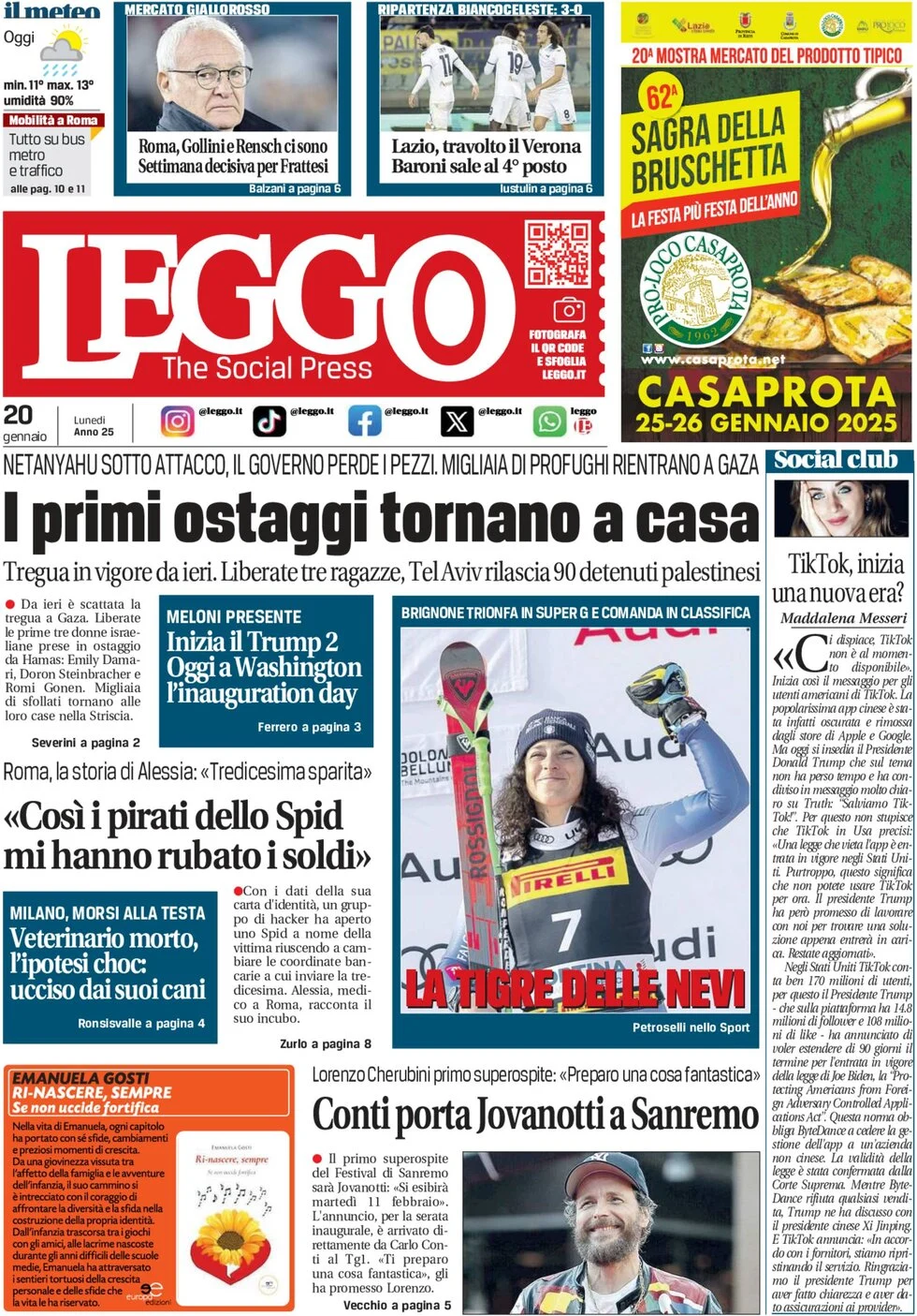 anteprima della prima pagina di leggo-roma del 20/01/2025
