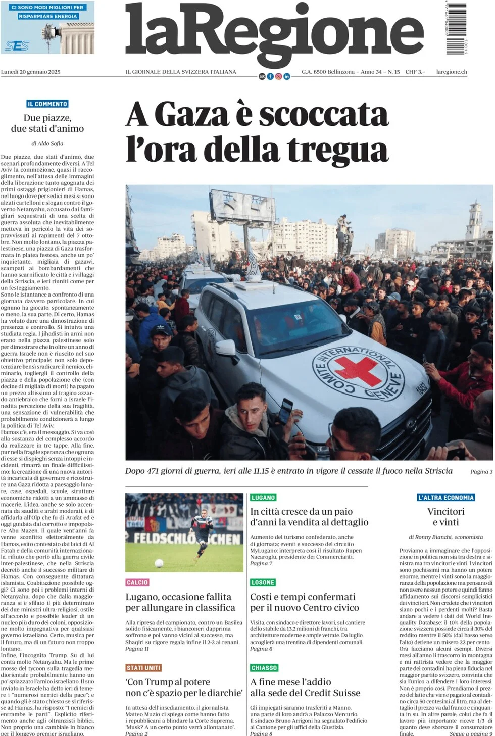 anteprima della prima pagina di la-regione del 20/01/2025