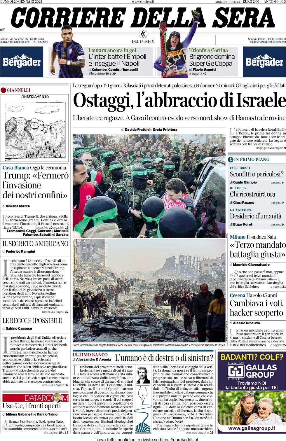 anteprima della prima pagina di corriere-della-sera del 20/01/2025