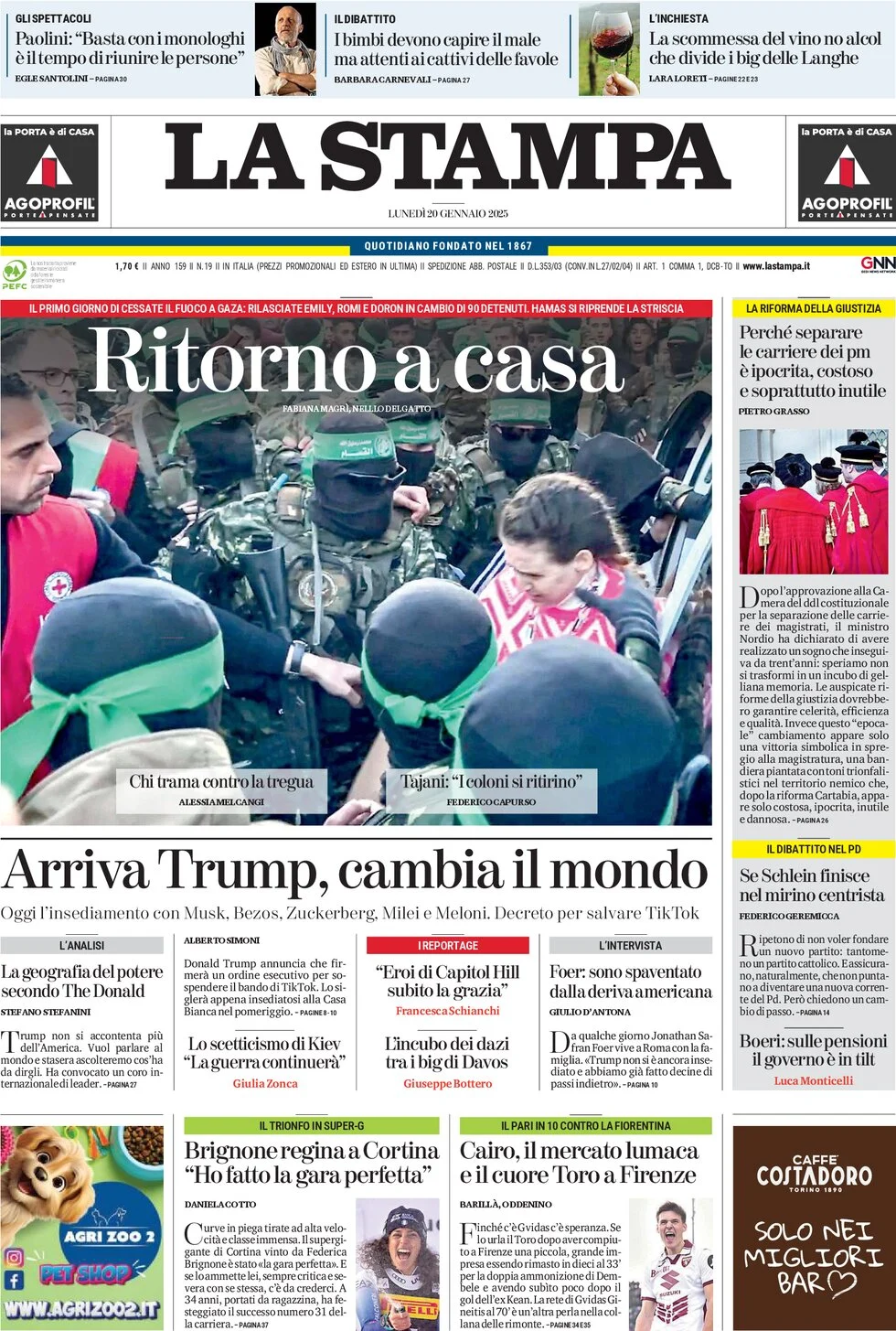 anteprima della prima pagina di la-stampa del 20/01/2025