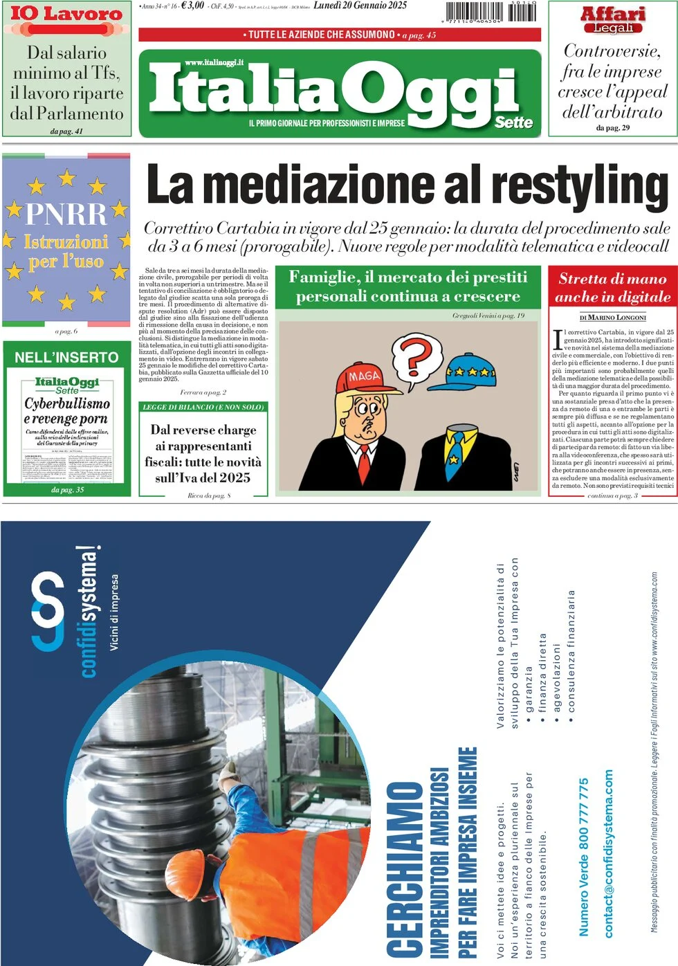 anteprima della prima pagina di italiaoggi del 20/01/2025