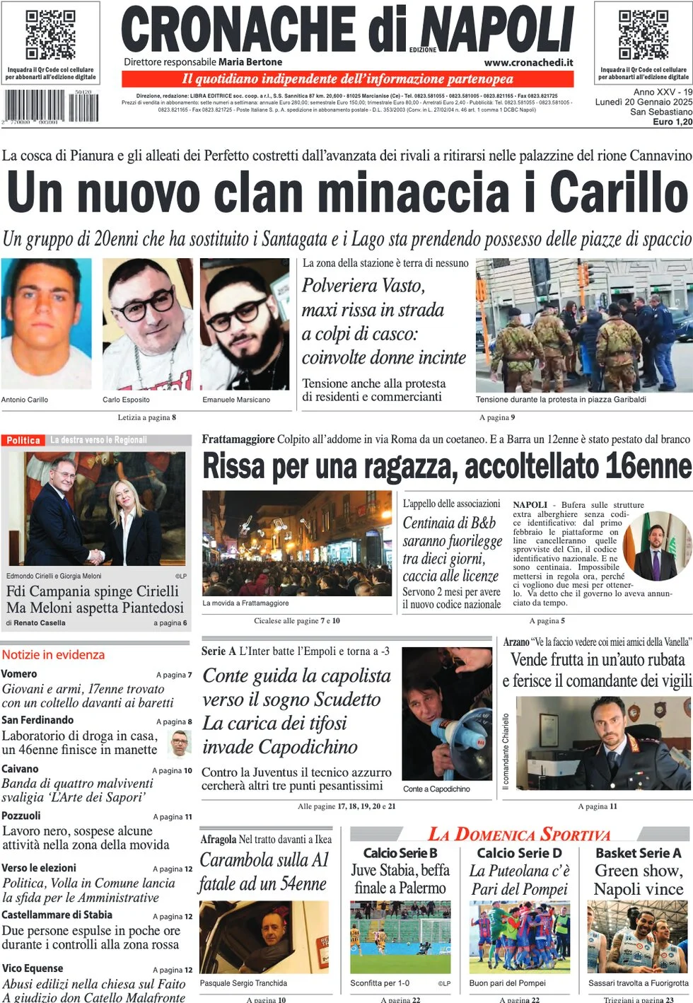 anteprima della prima pagina di cronache-di-napoli del 20/01/2025