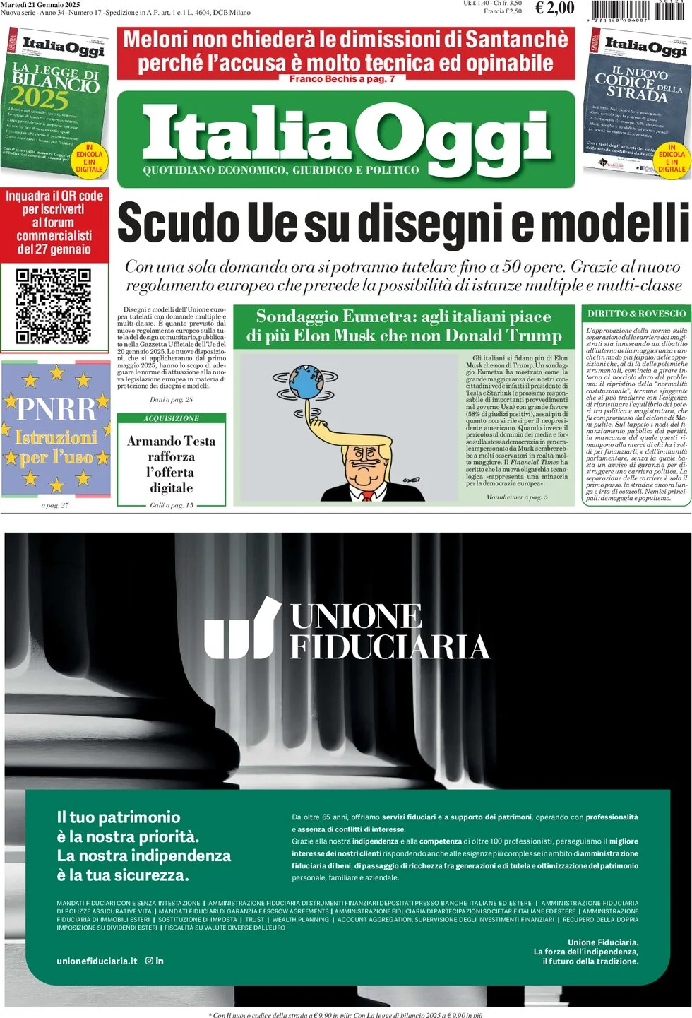 anteprima della prima pagina di italiaoggi del 21/01/2025