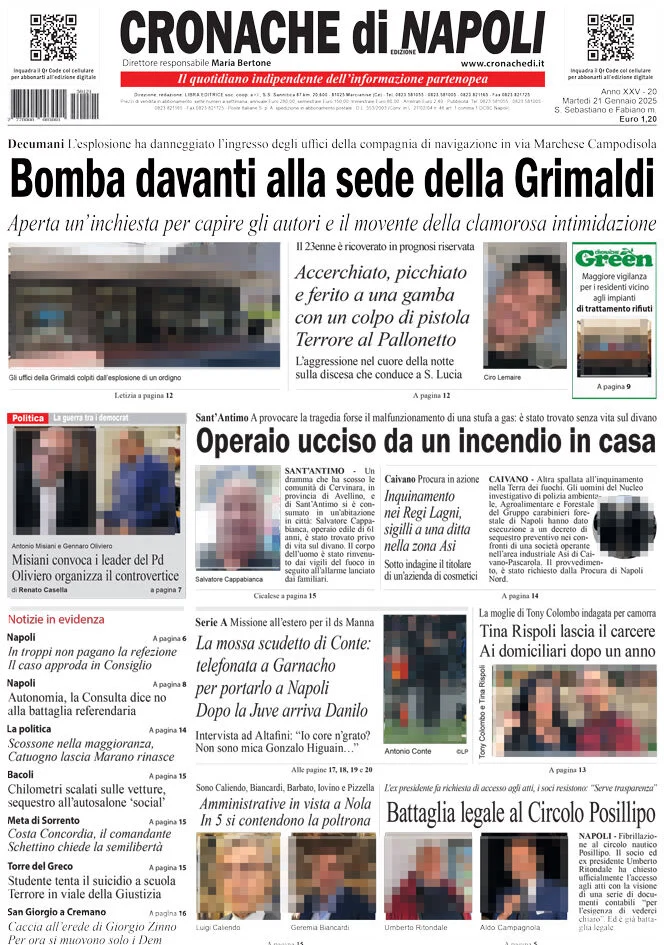 anteprima della prima pagina di cronache-di-napoli del 21/01/2025