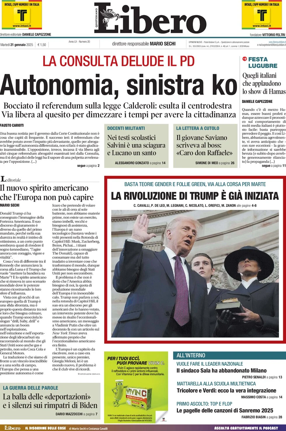 anteprima della prima pagina di libero-quotidiano del 21/01/2025