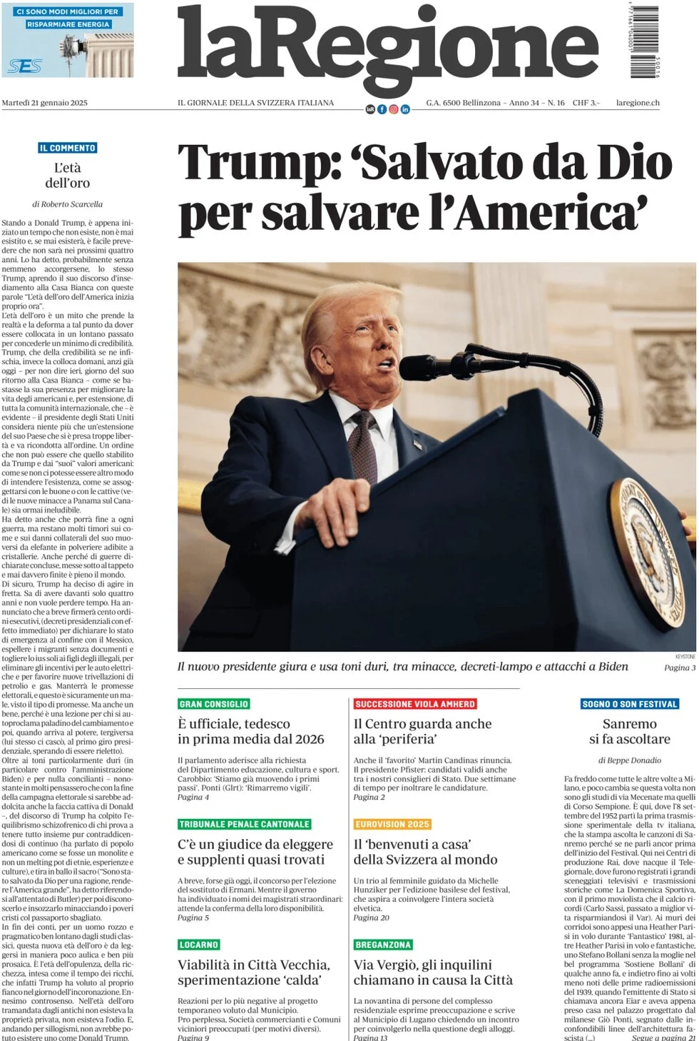 anteprima della prima pagina di la-regione del 21/01/2025