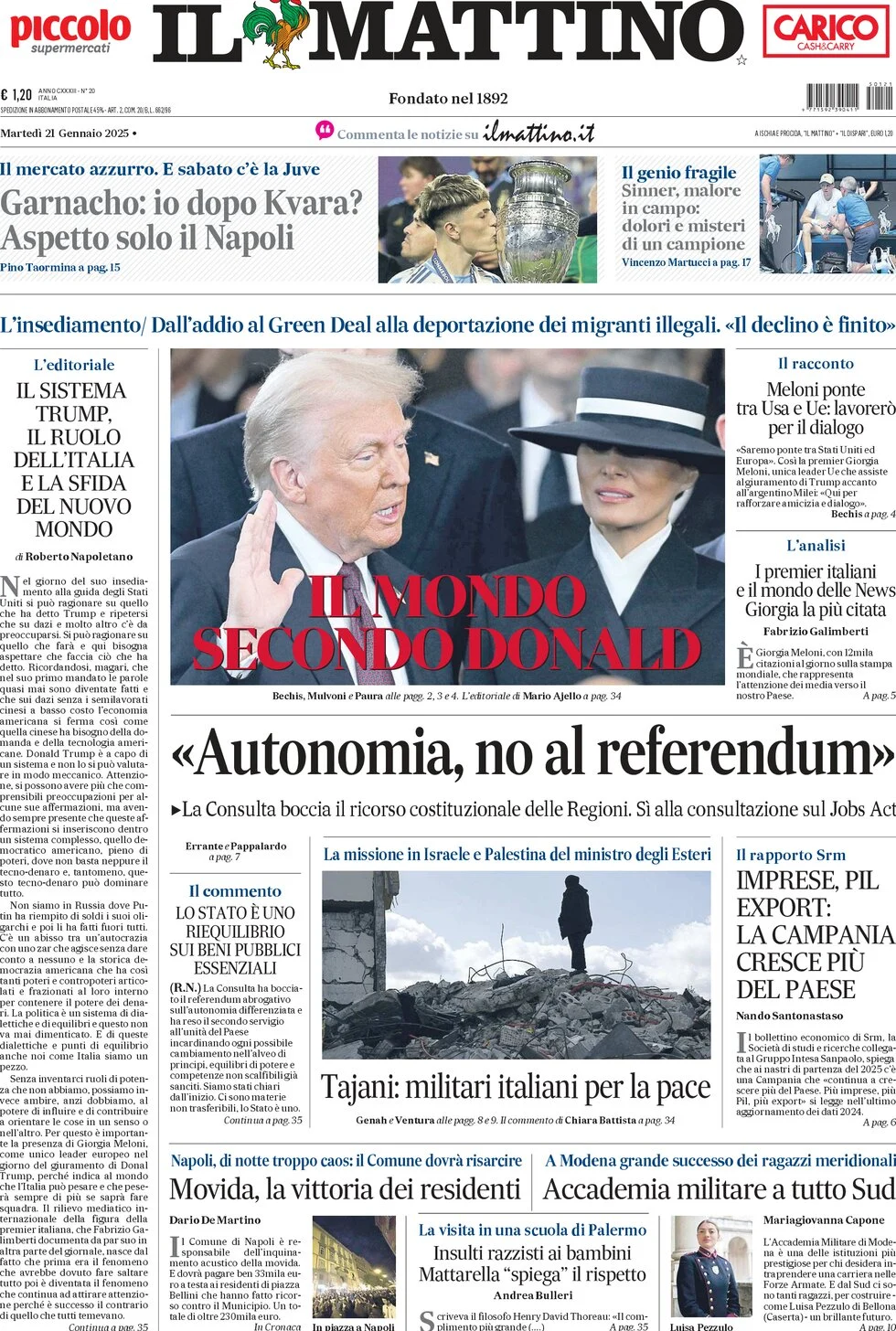 anteprima della prima pagina di il-mattino del 21/01/2025