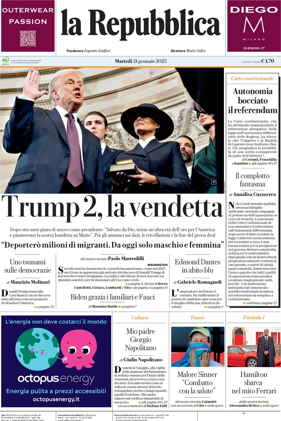 anteprima della prima pagina di la-repubblica del 21/01/2025