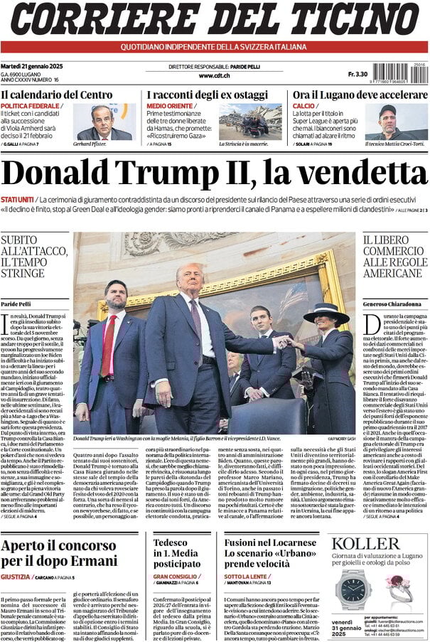 anteprima della prima pagina di corriere-del-ticino del 21/01/2025