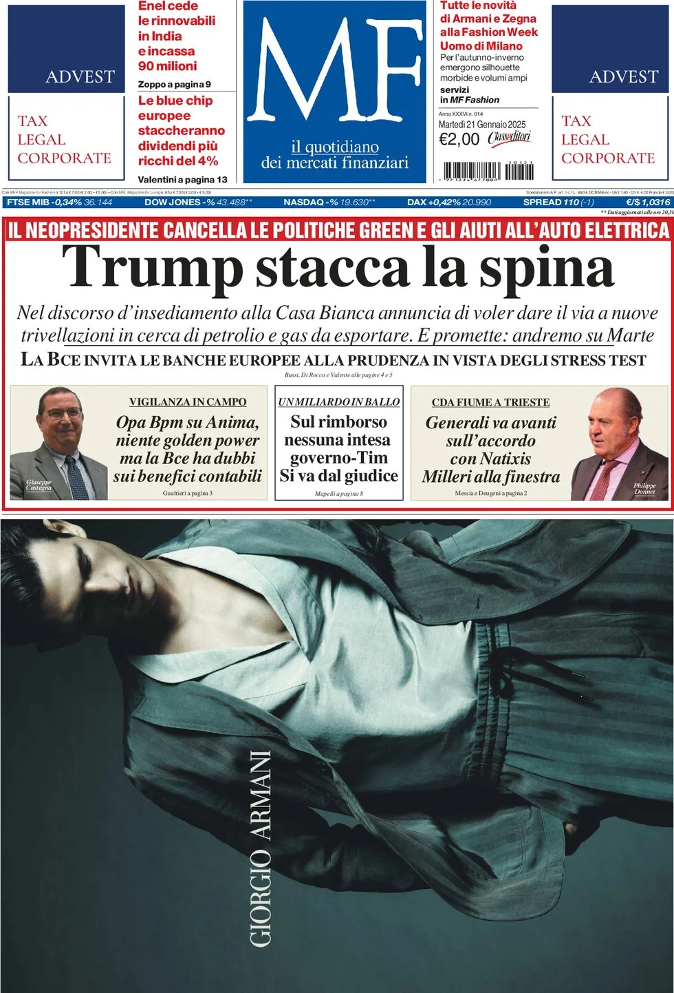 anteprima della prima pagina di mf-milano-finanza del 21/01/2025