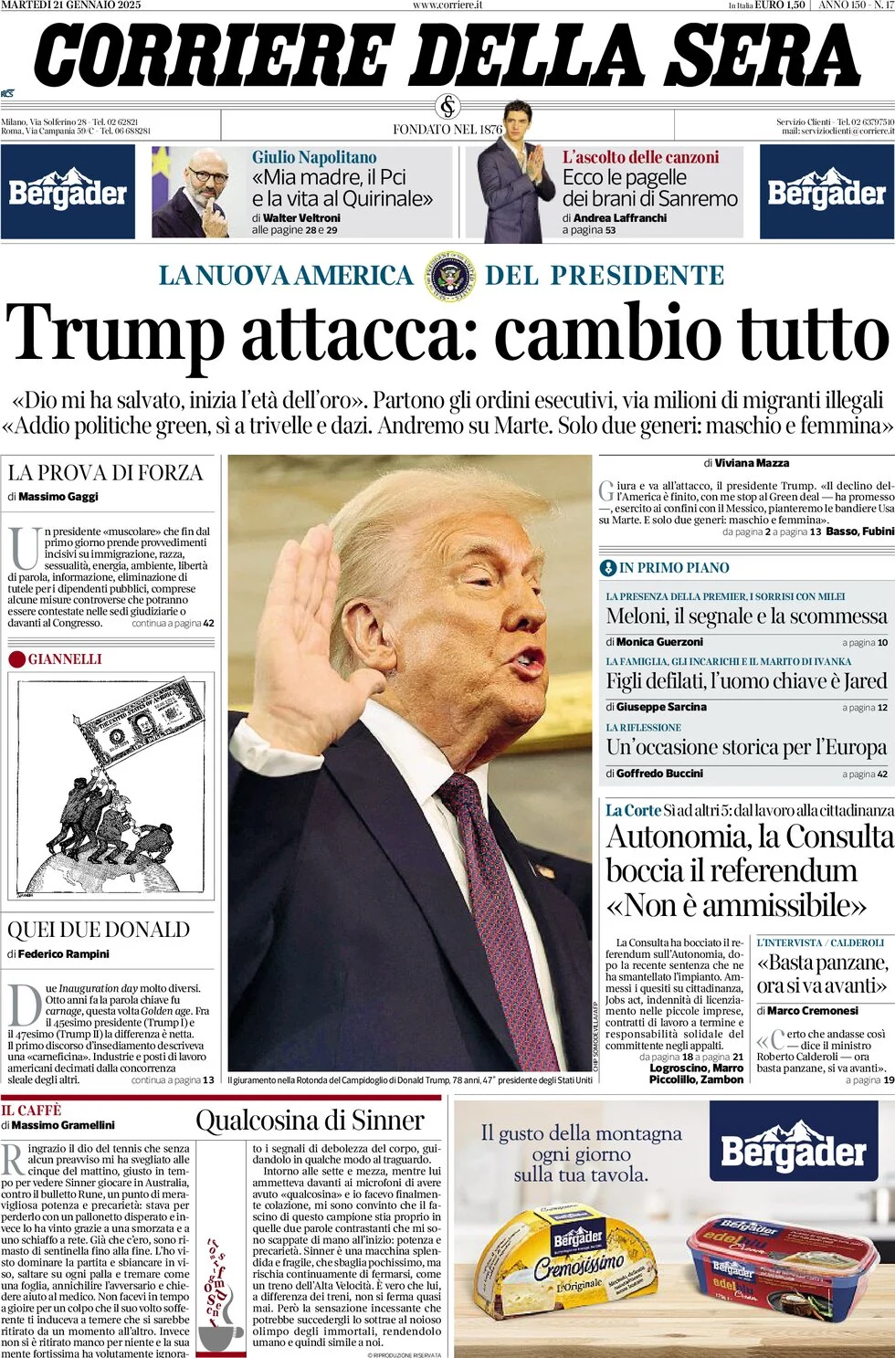 anteprima della prima pagina di corriere-della-sera del 21/01/2025