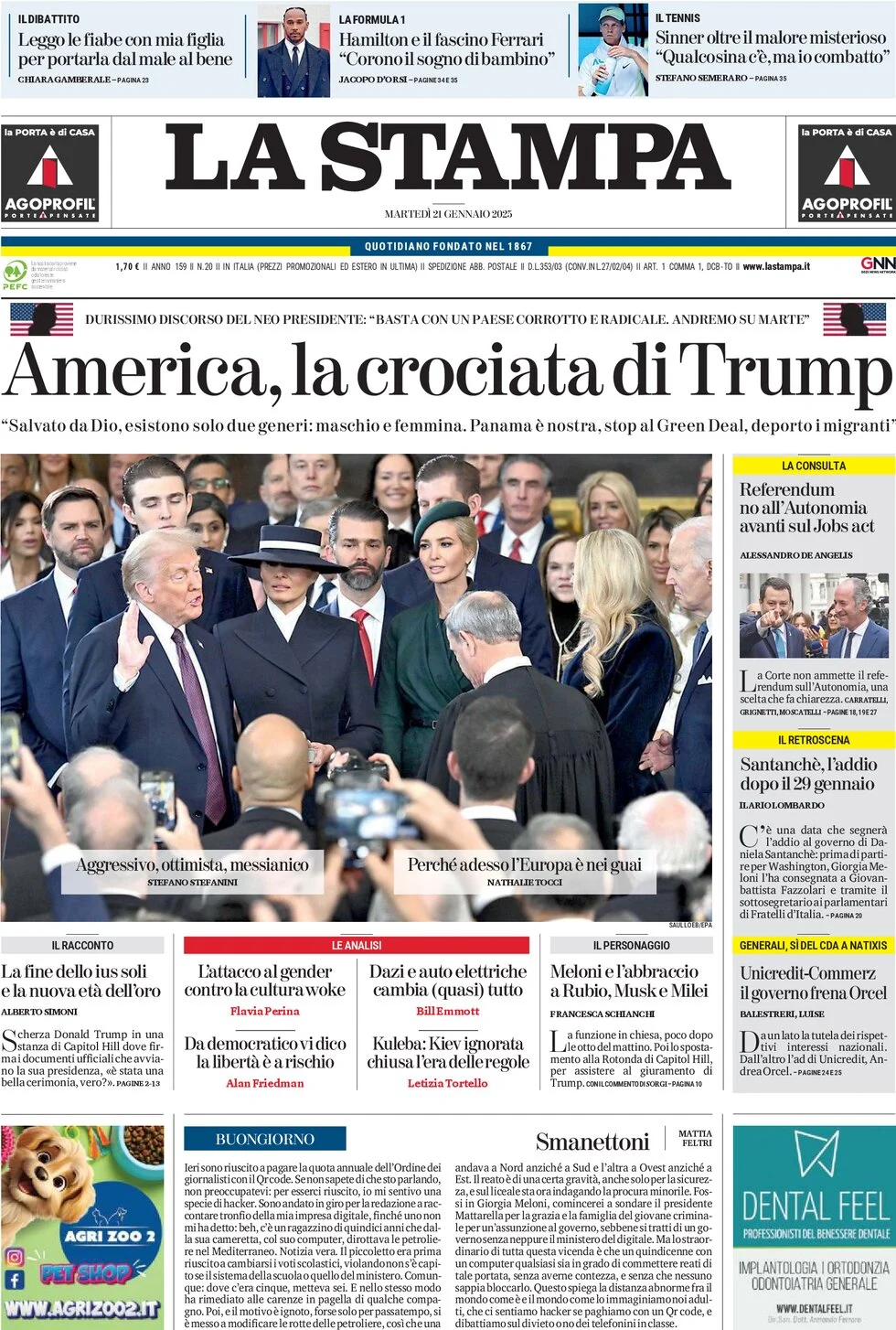 anteprima della prima pagina di la-stampa del 21/01/2025