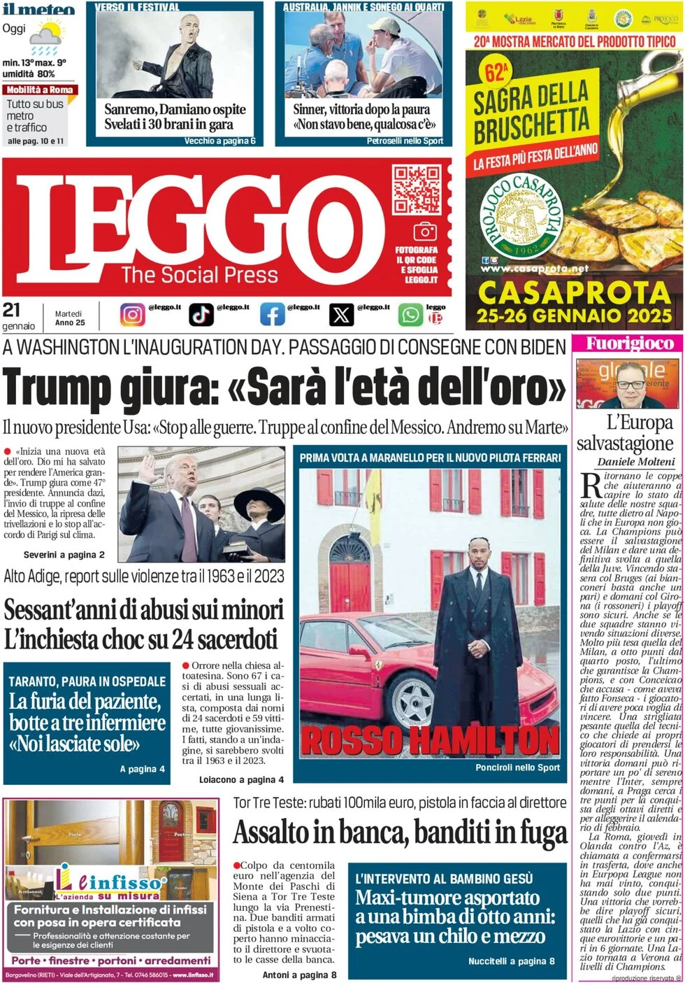 anteprima della prima pagina di leggo-roma del 21/01/2025