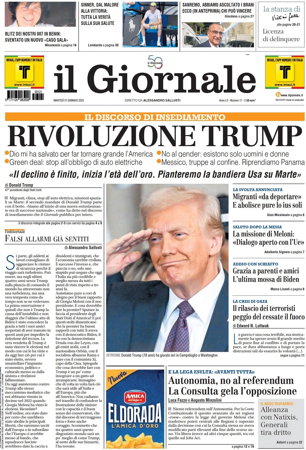 anteprima della prima pagina di il-giornale del 21/01/2025