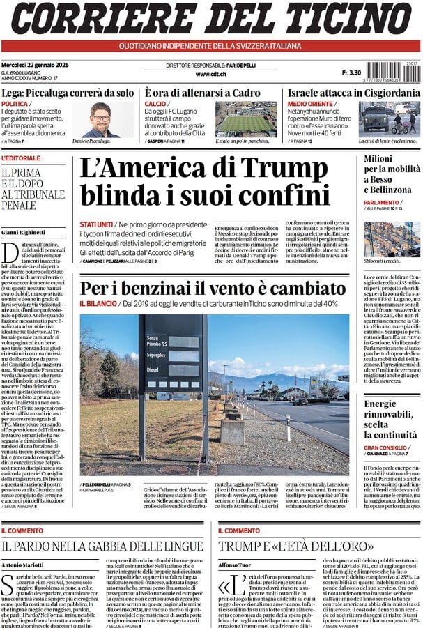 anteprima della prima pagina di corriere-del-ticino del 22/01/2025