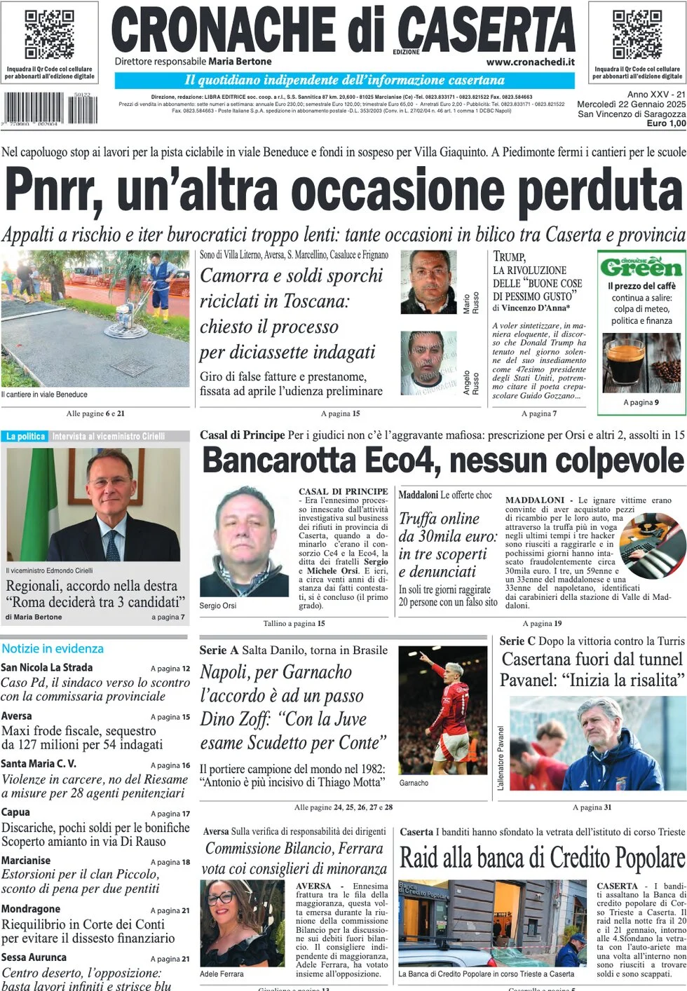 anteprima della prima pagina di cronache-di-caserta del 22/01/2025