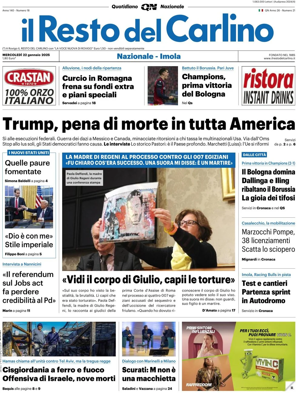 anteprima della prima pagina di il-resto-del-carlino del 22/01/2025