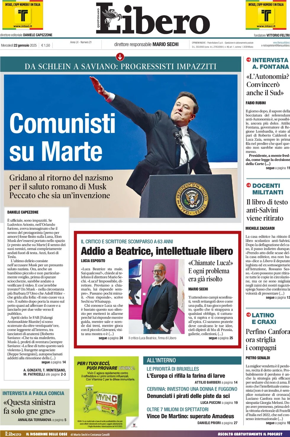 anteprima della prima pagina di libero-quotidiano del 22/01/2025