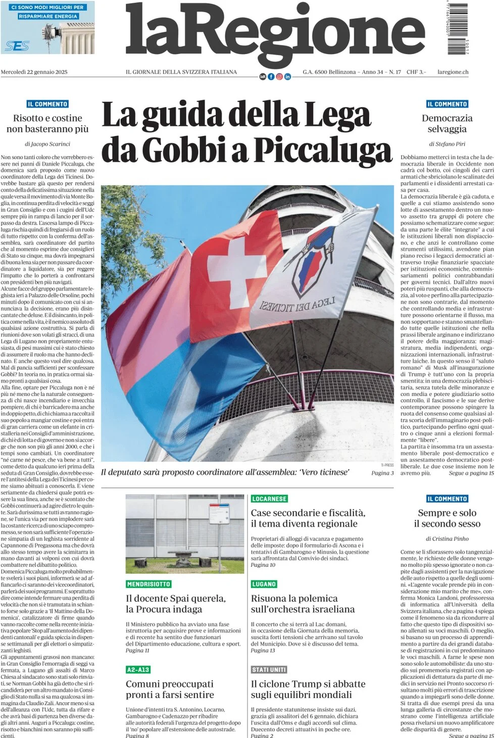anteprima della prima pagina di la-regione del 22/01/2025
