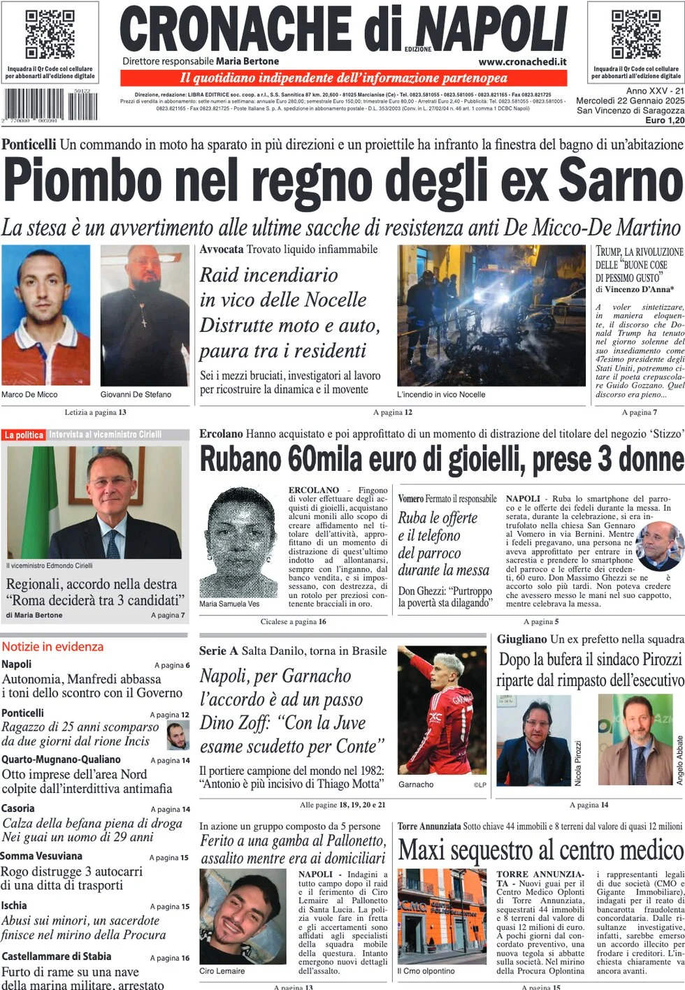 anteprima della prima pagina di cronache-di-napoli del 22/01/2025